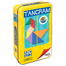 Tangram cuatro colores madera en caja de metal