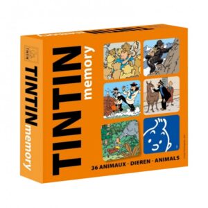 Juego de memoria de Tintín y los animales. Caja naranja con imágenes de la historieta. Ideal para niños y fans de Tintín.