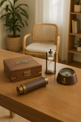 Set de regalo 3 piezas en latón (brújula, catalejo y reloj de arena) - Imagen 2