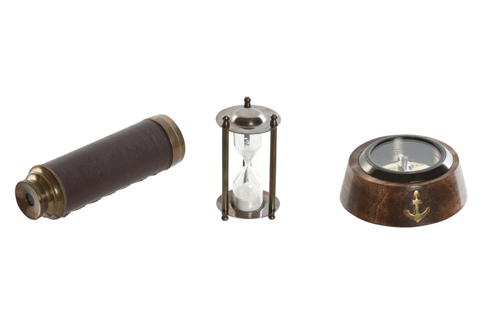 Set de regalo 3 piezas en latón (brújula, catalejo y reloj de arena) - Imagen 3