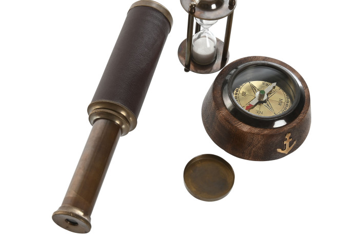 Set de regalo 3 piezas en latón (brújula, catalejo y reloj de arena) - Imagen 4